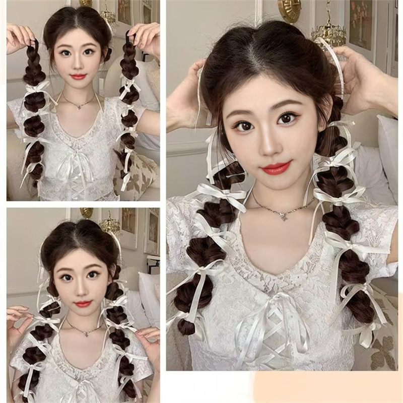Wig, female ribbon braid, bubble braid, highlight dyed lantern braid, double ponytail, realistic hair strands Specification image