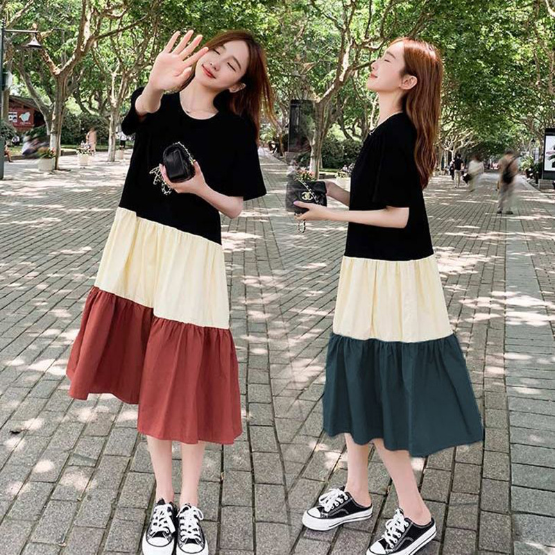 Summer dress for women, popular set, summer color-blocking short-sleeved dress, knee-length long dress for pregnant women, summer dress trend Application Scenario