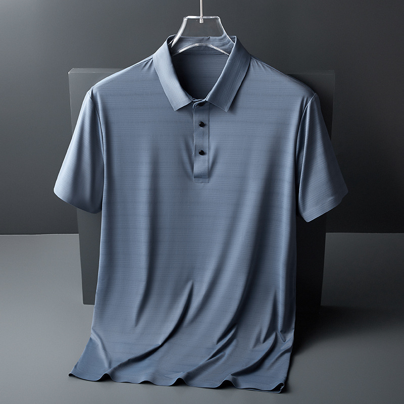 High-end seamless ice silk mesh striped polo shirt for men, summer lapel business short-sleeved T-shirt for men, dad's wear details Picture