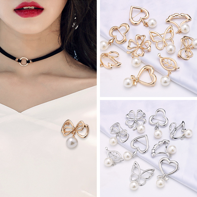 Pearl elegance brooch, metal simple style, high-end sense, brooch, collar fixed pin, collar pin accessory, small brooch details Picture
