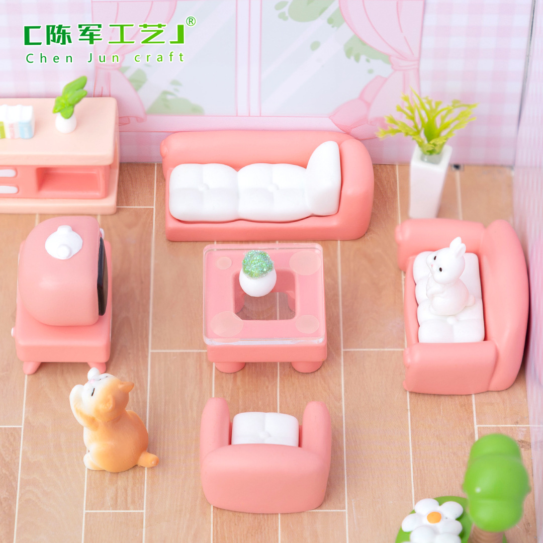 Creative pink girlish dollhouse, living room sofa furniture, micro-landscape diy decorative accessories, miniature small pendant details Picture