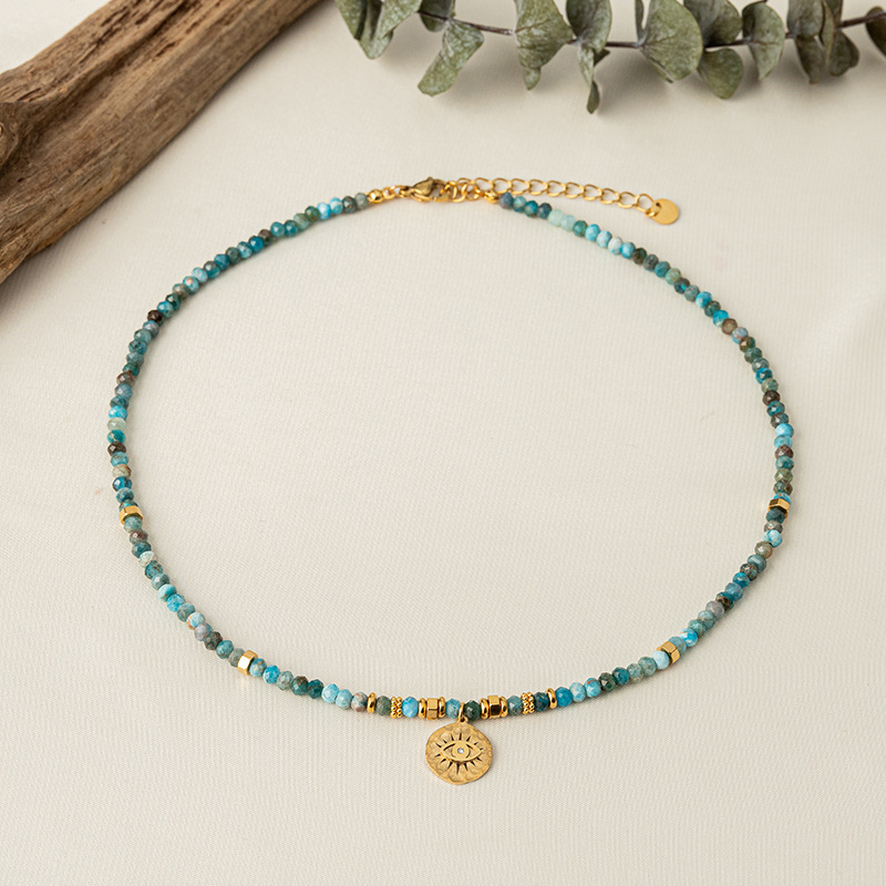 European And American Retro Natural Blue Apatite Beaded Necklace Demon Angel Eyes Pendant Natural Turquoise Collarbone Chain details Picture