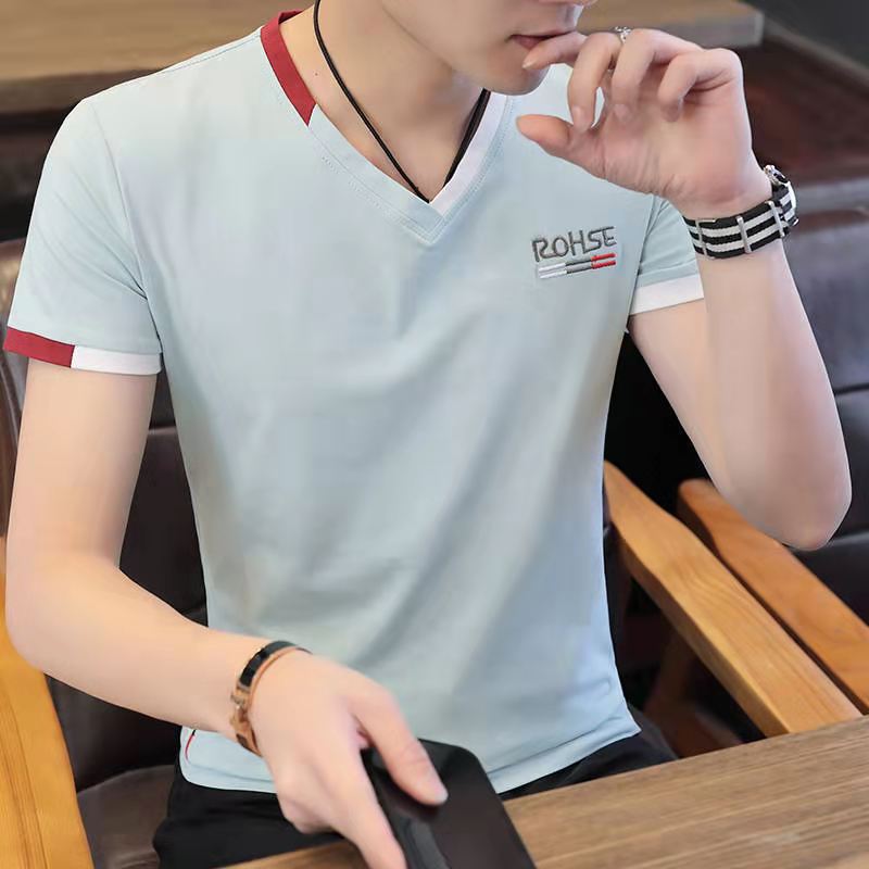 夏季男士短袖T恤韩版修身V领学生打底衫青年潮流男装上衣图