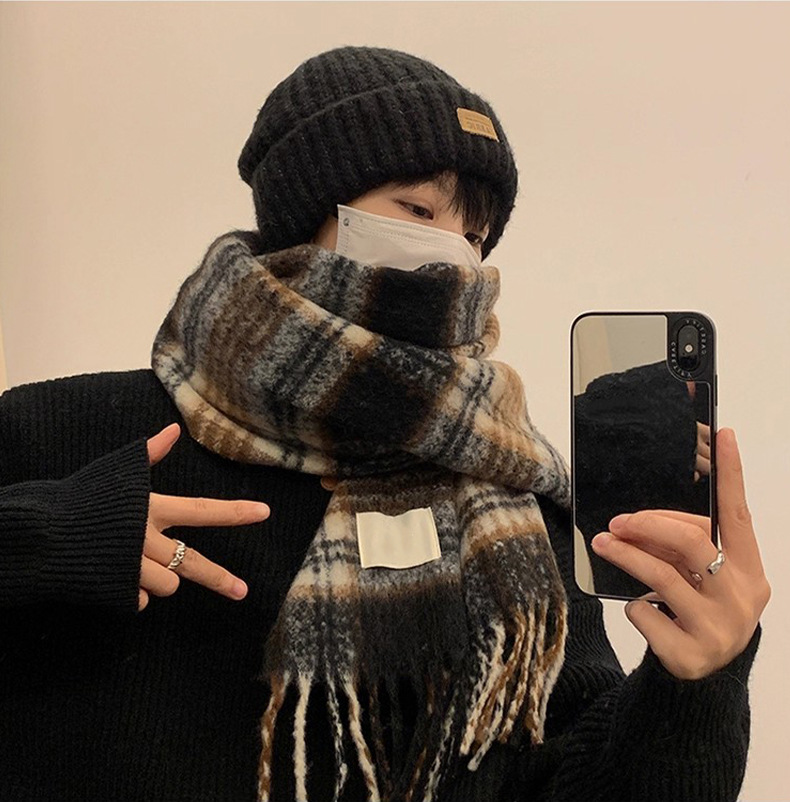 新款氛围男士围巾韩版秋冬百搭保暖围巾格子高级感围脖送男友礼物详情11