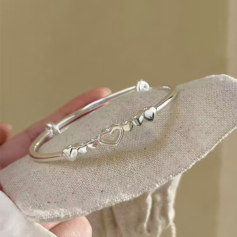新款日韩心心相印手镯女推拉可调节镂空爱心百搭闺蜜手饰礼物