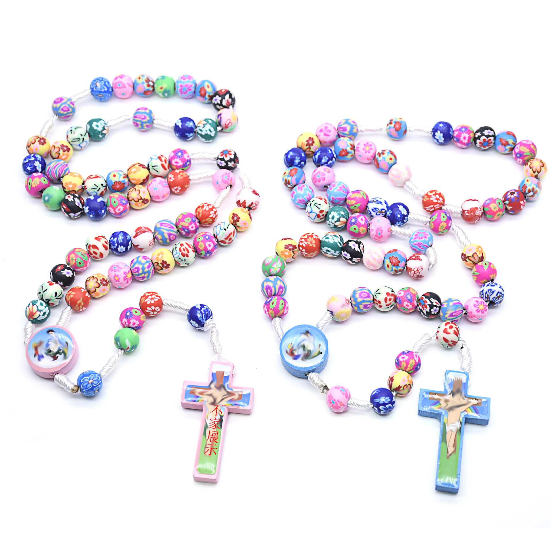 电商专供编制彩色软陶手工玫瑰念珠项链儿童十字架祈祷珠Rosary