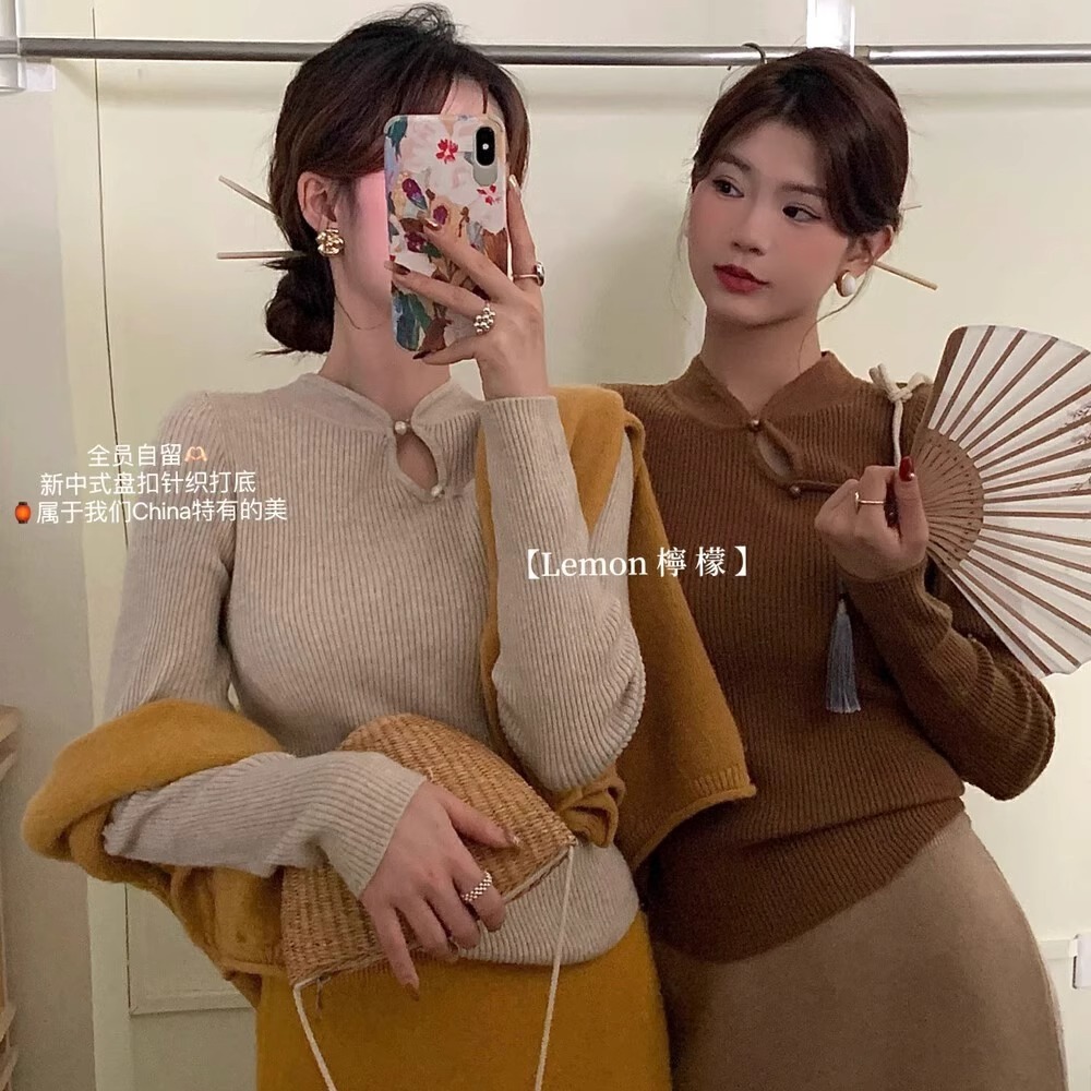 New Chinese Style Top Women's Winter High-Grade Feeling Disc Buckle Knitwear Spring And Autumn New Red Slim-Fit Bottom Sweater Woman Application Scenario