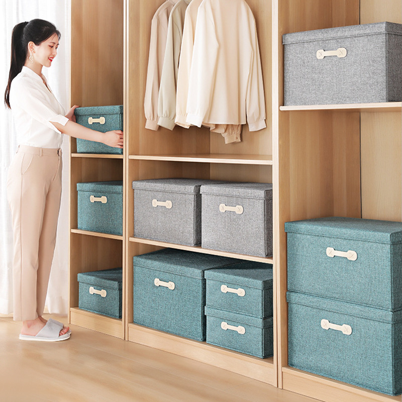 Fabric Storage Box Cotton Linen Clothes Storage Box Wardrobe Drawer Type Leather Handle With Lid Organizer Foldable details Picture