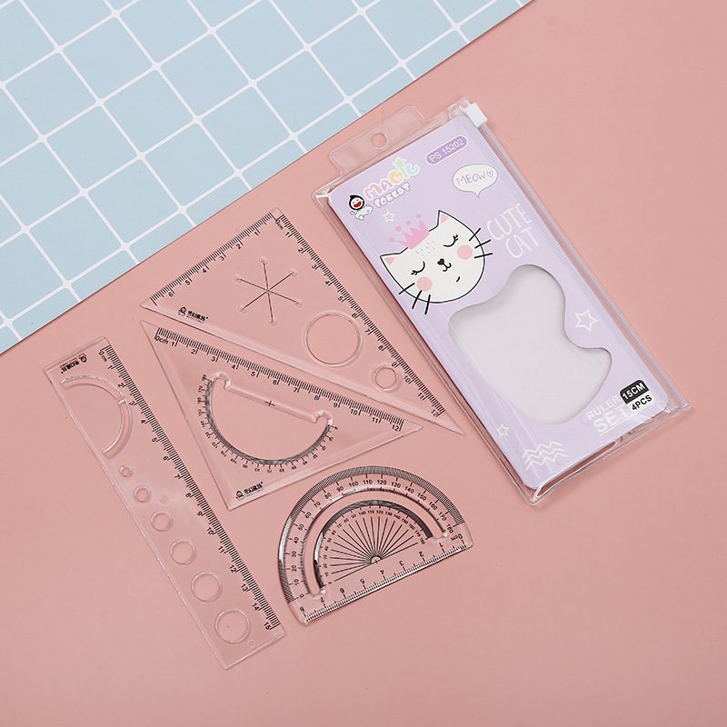 2021 new cartoon cat student ruler set 20 straight triangle protractor color printing factory direct sales Specification drawing