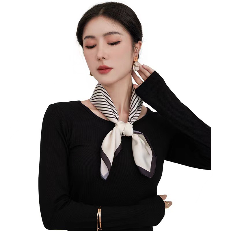 Wholesale of striped black and white printed silk scarves for women, simple Korean-style fashionable faux silk square scarves with ins decoration Specification image