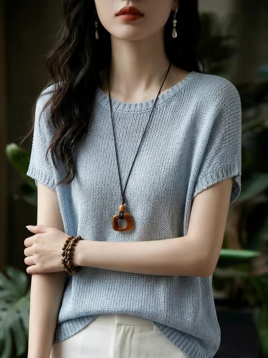 Cool and refreshing Tencel linen summer new knitted short-sleeved T-shirt for women, new round neck loose and breathable thin top for summer pic 6