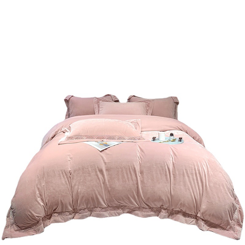 Wholesale of A-class baby skin fleece hollowed-out craft four-piece set for autumn and winter warmth double-sided fleece solid color bedding Item Picture