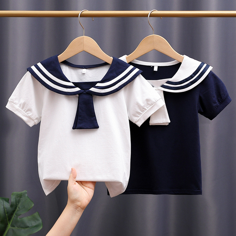 High-end girls' short-sleeved T-shirt, summer thin Korean-style children's clothing, stylish pure cotton navy collar top for little girls 6 details Picture