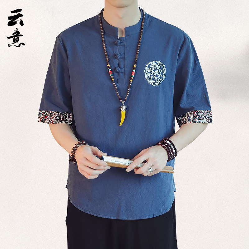 Chinese trend and style button-down linen shirt, men's short-sleeved T-shirt, Chinese Tang suit, cotton and linen retro style men's casual top Specification image