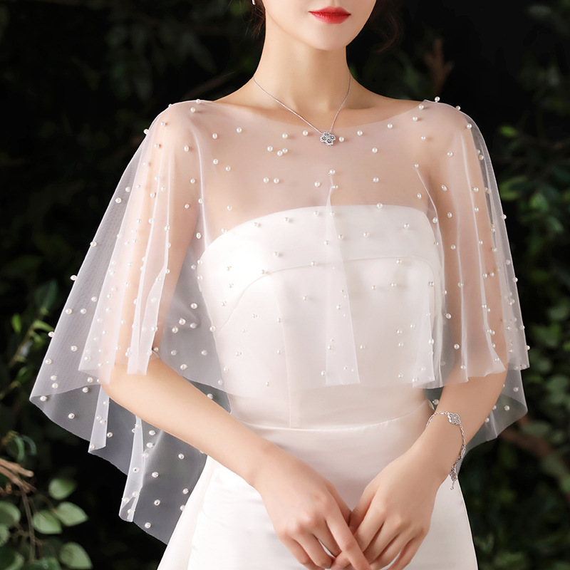 Bride Dress Shawl Wedding Hand-Made Pearl Float Yarn Cloak Wedding Studio Photo Registration Photo Props Woman
