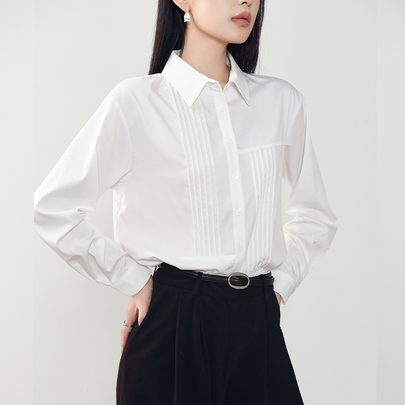 A new loose, retro and versatile shirt cardigan with a solid color Polo collar and Japanese design for women in autumn Specification image