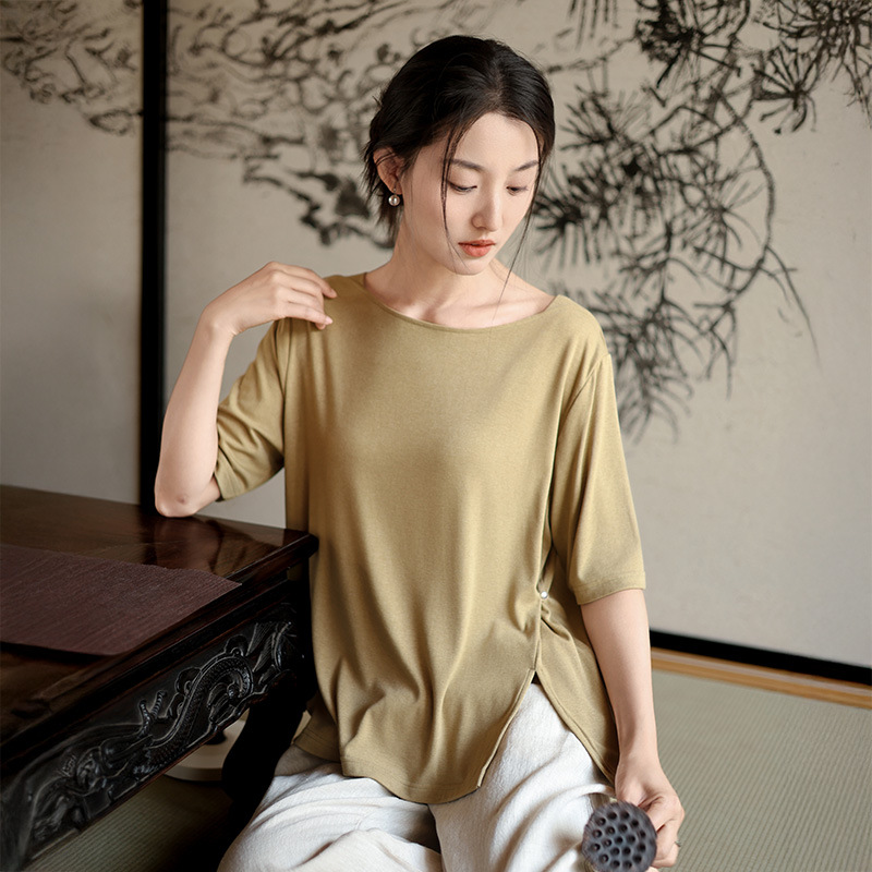 2025夏季新款圆领设计感短袖t恤女高级感女士醋酸上衣一件代发
