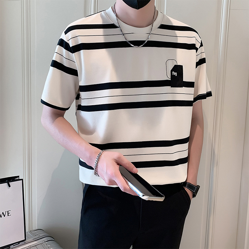 Summer bestseller Men's striped short-sleeved T-shirt, a trendy and cool base T-shirt for young men, a versatile men's knitted half-sleeved T-shirt