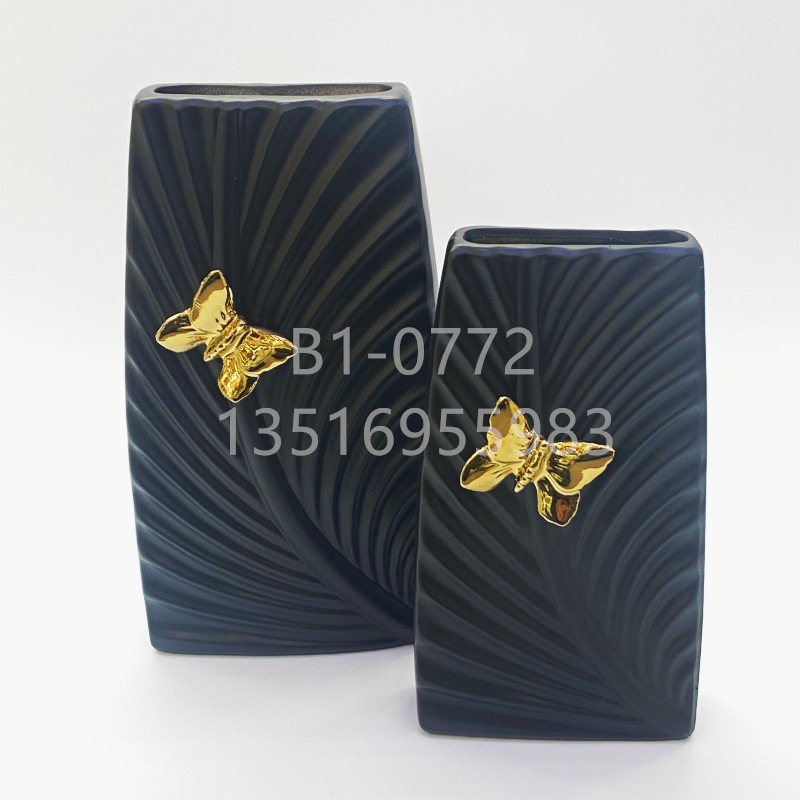 现代简约ins风哑光黑金色蝴蝶叶纹花瓶 陶瓷花瓶创意几何花插花器 金堡花瓶