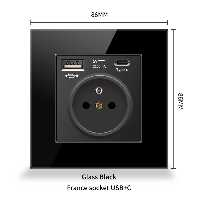 Type 86 European regulation European power socket black and white gold gray panel German standard Typec+USB European standard 16A glass panel 18026 Specification drawing