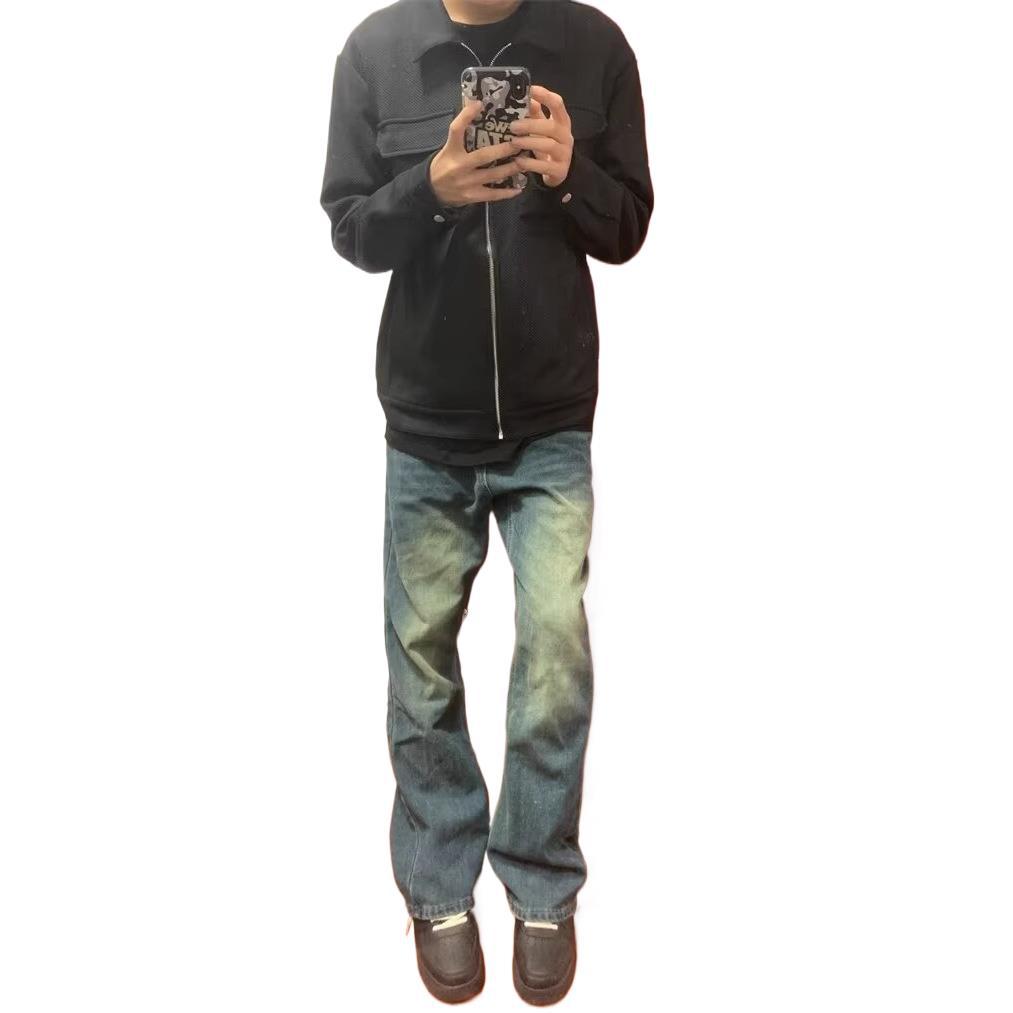 Custom-made washed and aged men's summer American retro wide-leg jeans details Picture