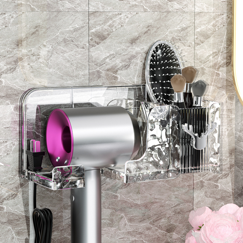 Non-drilling bathroom hair dryer hanging rack, bathroom wall-mounted bracket, storage wonder, transparent water blower storage rack full figure