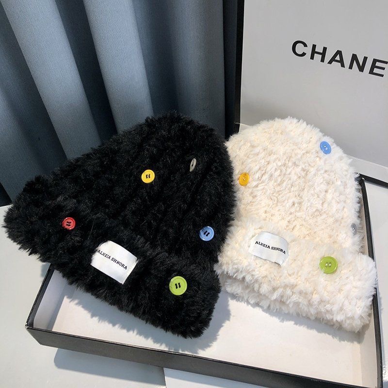 Hat For Women Autumn-Winter Thickened Furry Knit Hat With Colored Buttons Imitation Fur Woolen Hat