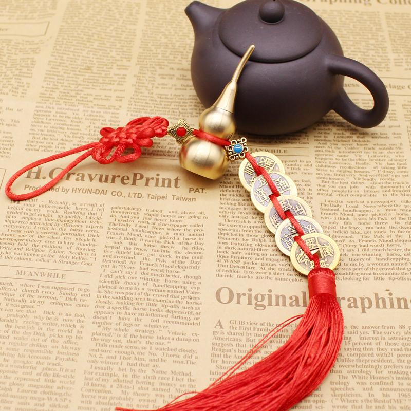 汽车挂件铜葫芦纯铜开口五帝钱黄铜车载吊坠中国结红色车内装饰品详情图3