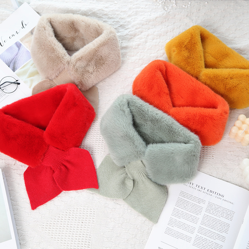 Cross-Border Winter Korean Plush Scarf Imitation Rex Rabbit Hair Bib Female Autumn And Winter Girl Fur Neck Set Fur Collar Warm details Picture