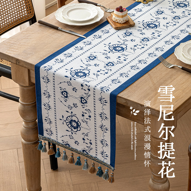 Cool yuki nueva venta caliente americano moderno creativo moda simple gran tabla cuadrada bandera chenille jacquard tira larga mantel sala de estar estudio mesa de té estilo antiguo borlas bandera de té estera Specification image