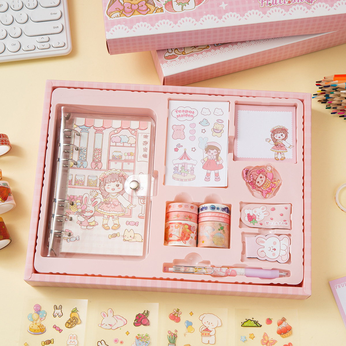 Cute notebook set, complete wholesale of loose-leaf student stationery gifts, children's birthday presents, notebook gift box Specification image