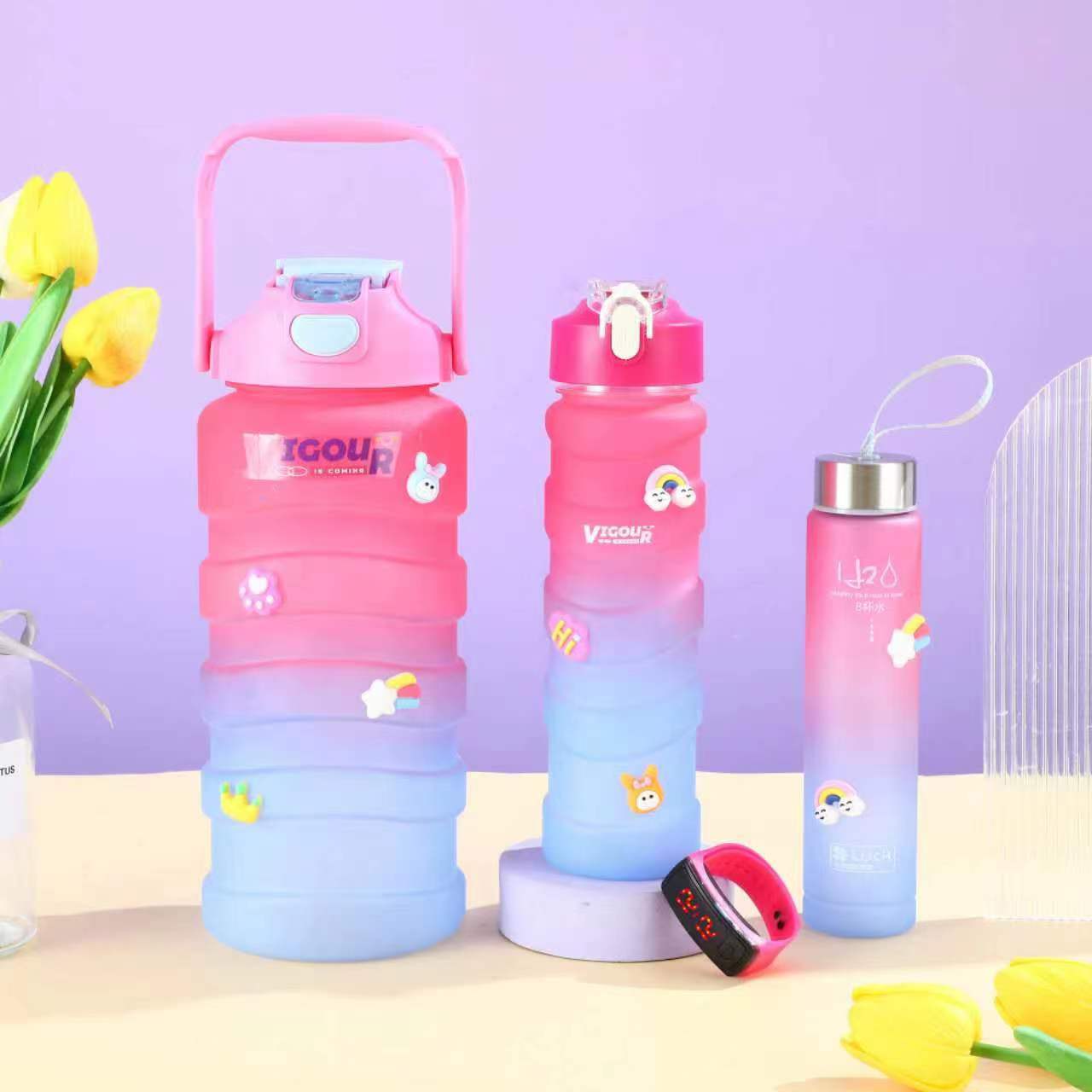 Portable Progressive Color Plastic Cup Large Capacity Straw Cup Three Sets Of Outdoor Sports Fitness Plastic Cup Wholesale Specification drawing