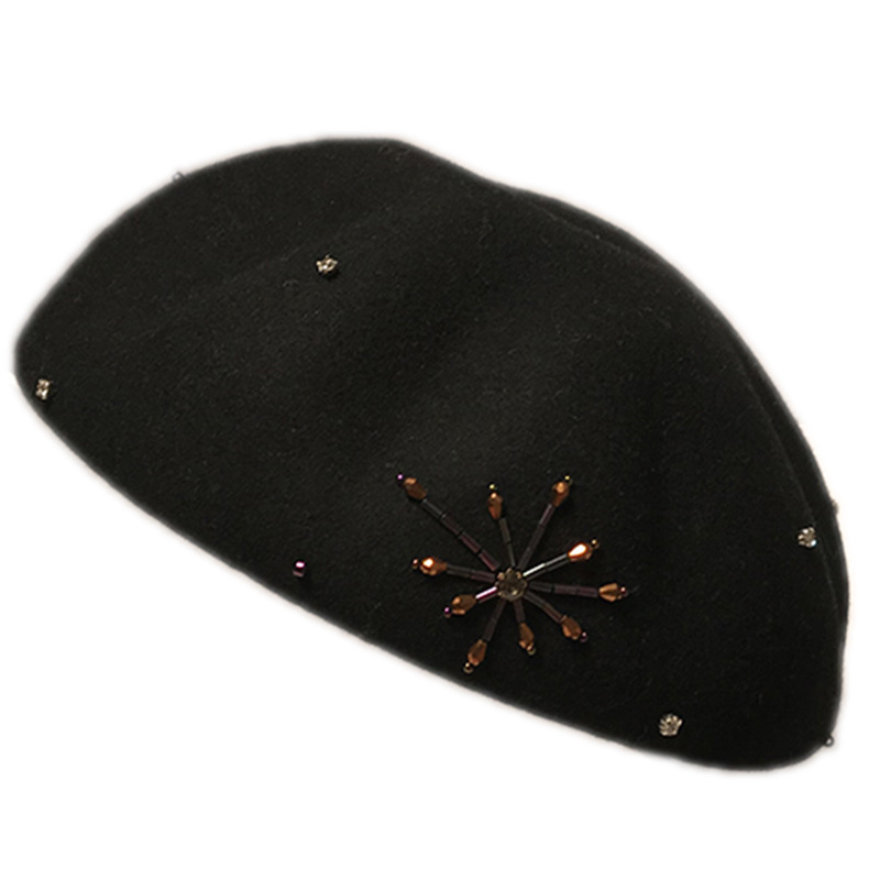High-end genuine wool woolen Beret hats for women's autumn and winter, British retro rhinestone octagonal hats, bud hats, painter hats Item Picture