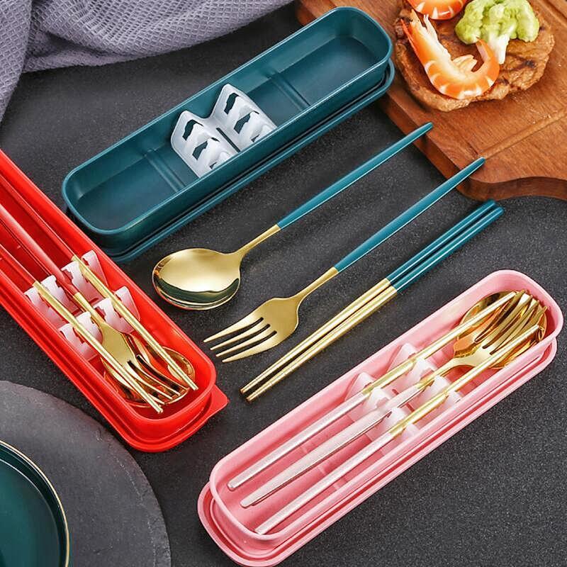 304不锈钢餐具ins勺子筷子叉子葡萄牙镀金彩色学生便携餐具套装