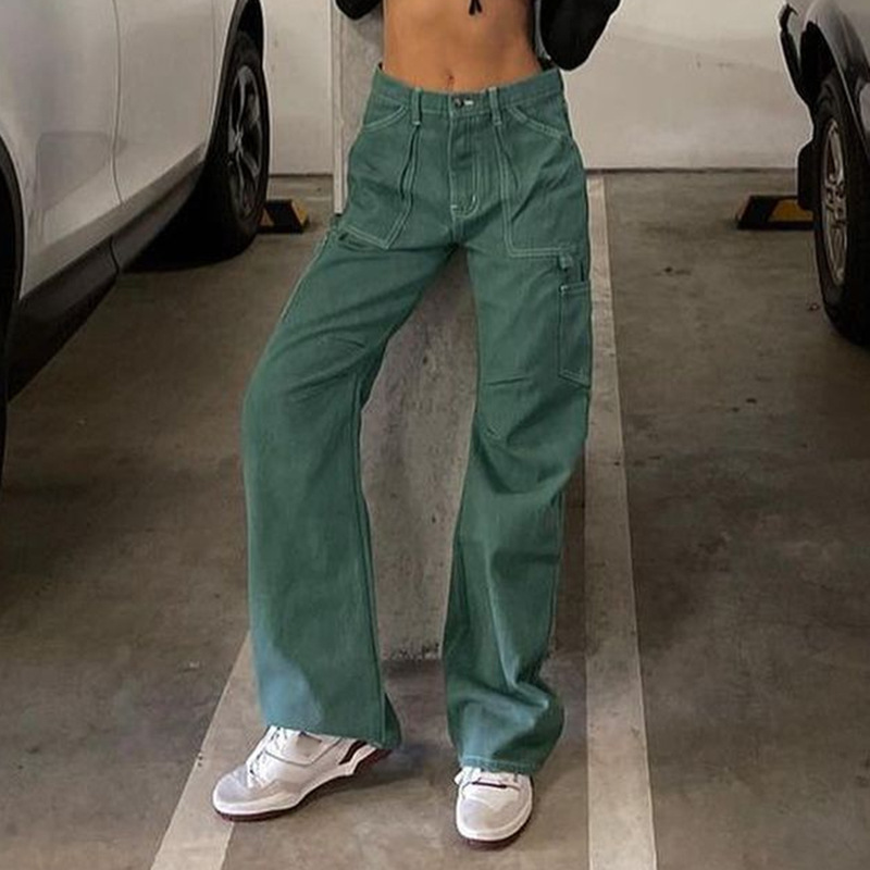 Fashionable women's wear, Instagram hot girl, street retro distressed pocket clear line jeans