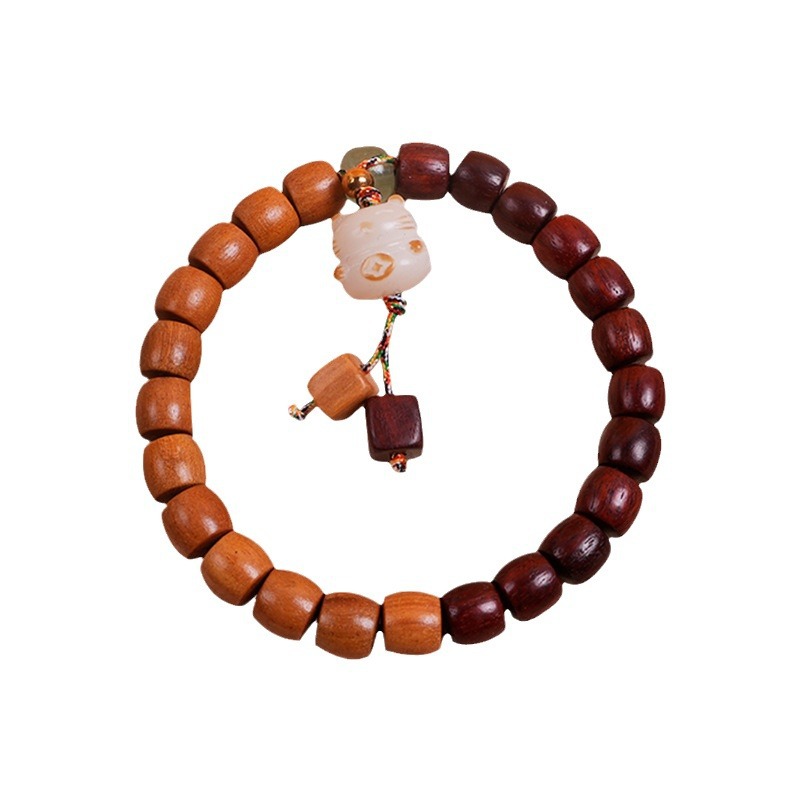 Retro blood sandalwood and sandalwood wood barrel bead single-loop bracelet, sandalwood mixed style couple bracelet, charcharcoal maneki Neki pendant, cultural and artistic bracelet, cultural and artistic Buddhist prayer beads Item Picture