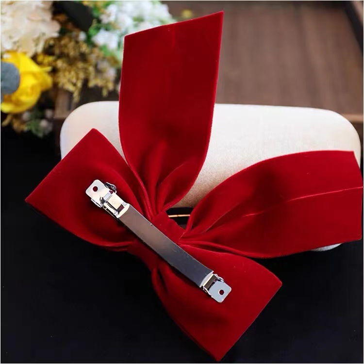 New Vintage Toasting Headwear Bridal Red Premium Velvet Bow Hairpin Net Red Hair Accessories details Picture