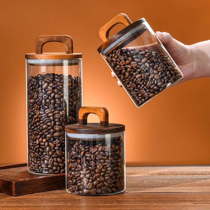 美式把手木盖玻璃茶叶罐零食收纳咖啡豆玻璃罐展示圆形密封罐批发
