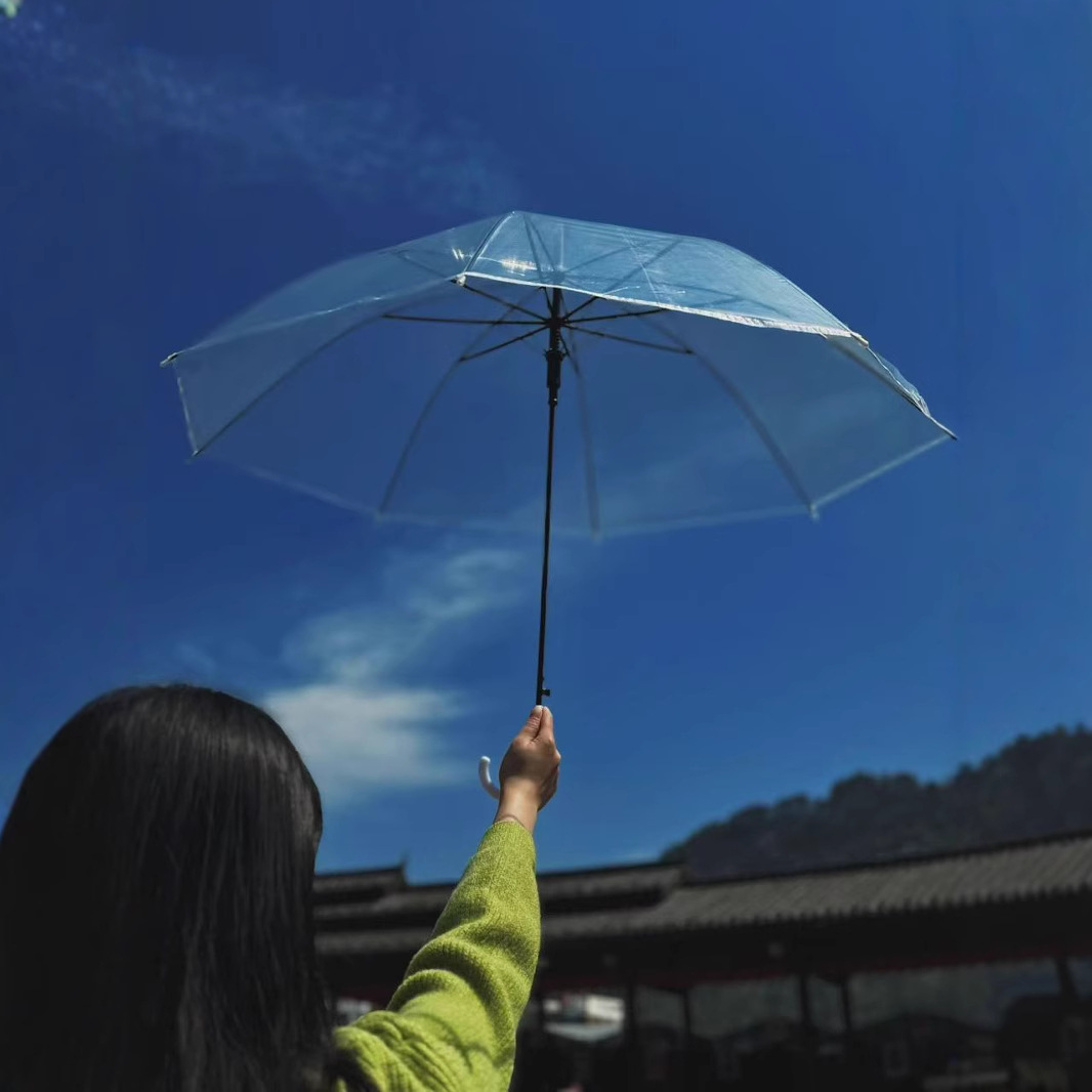 Rain Flower transparent disposable umbrella wholesale, long-handled automatic PVC plastic white high appearance level umbrella wholesale Specification image