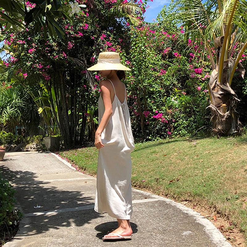 2024 Summer vacation style halter dress for women, pure cotton Korean ins backless tie design mid-length dress Specification image