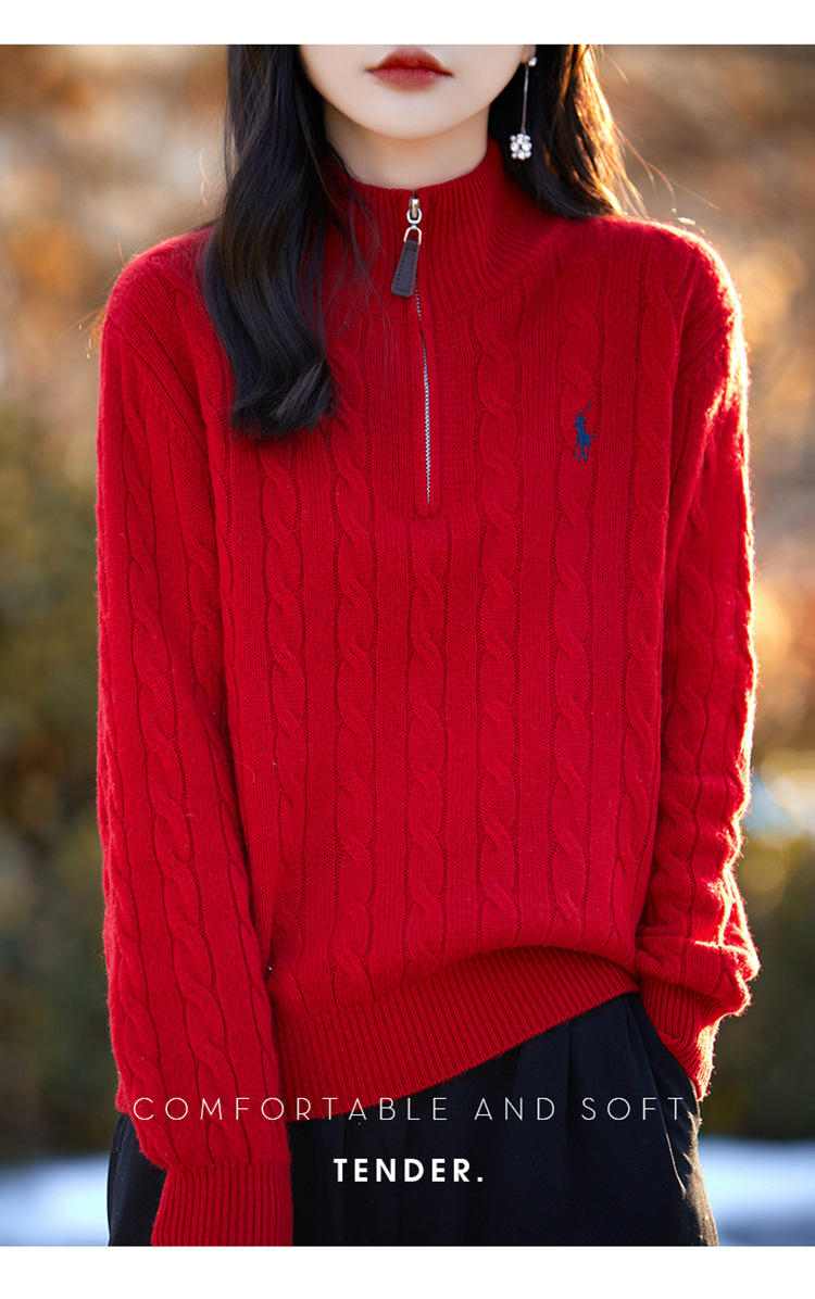 秋冬麻花针织衫女半开领拉链保罗慵懒宽松套头毛衣显瘦上衣打底衫详情18