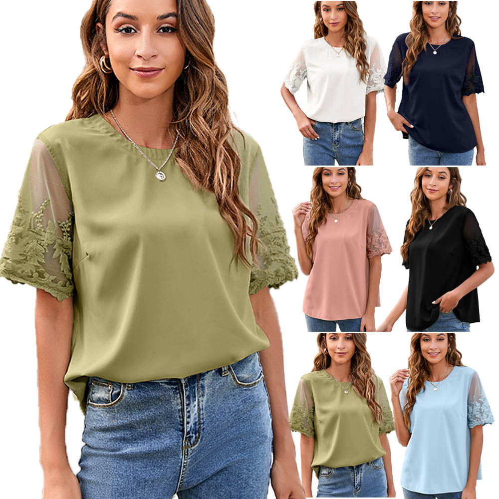 Cross-border best-selling European and American women's clothing, new Amazon export bestsellers round-neck lace shirts, export chiffon shirts and women's tops details Picture