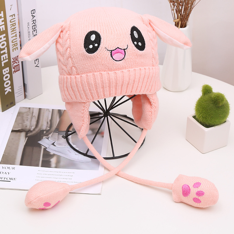Gorro de punto para niños invierno peluche protección térmica sombrero de conejo sombrero que mueve las orejas gorro de esquí al aire libre details Picture