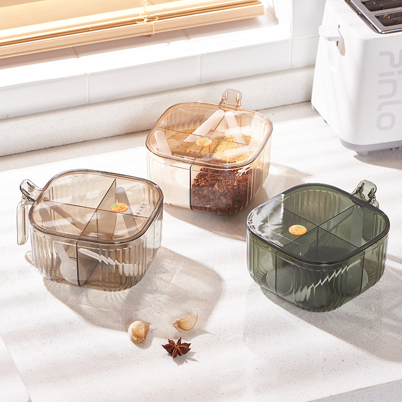 Simple and transparent seasoning box with lid, four-compartment integrated salt, sugar and monosodium glutamate seasoning jar storage bottle