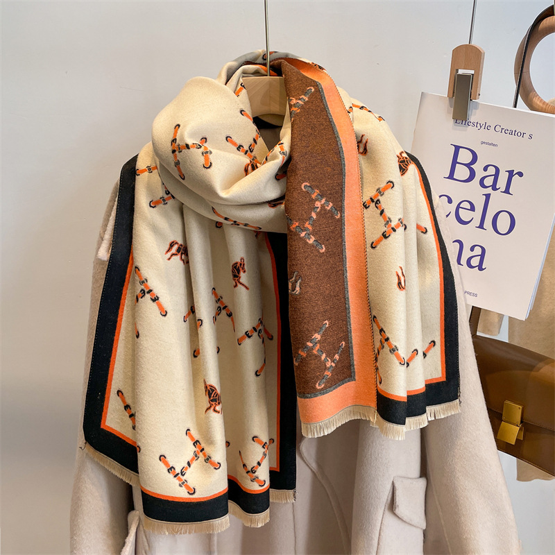 New Scarf Women's Imitation Cashmere Pulled Wool Thickened 2022 Winter Shawl Everything Neck H Letter Fashion Brand Explosion