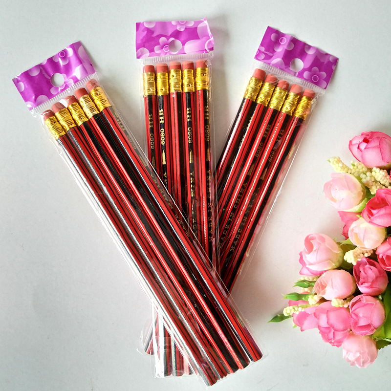 A set of 5 red pencils with erasers, red striped pencils, HB student pencils, wholesale at a one-yuan store details Picture