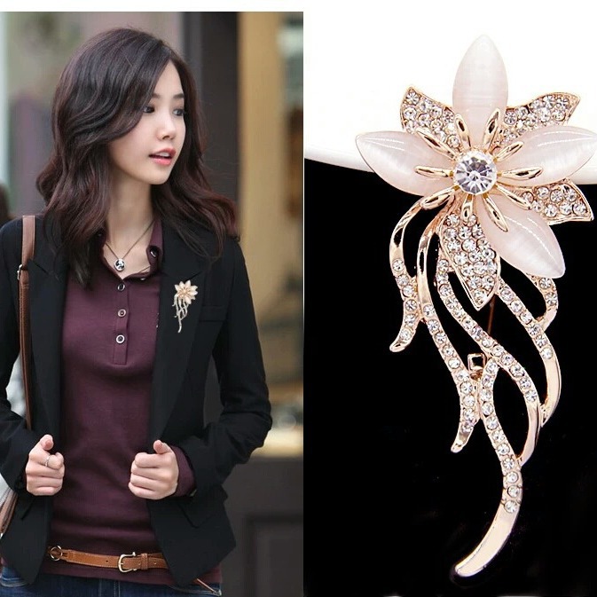 Best-selling Korean alloy diamond-encrusted floral cat's eye brooch and creative brooch for clothing decoration details Picture