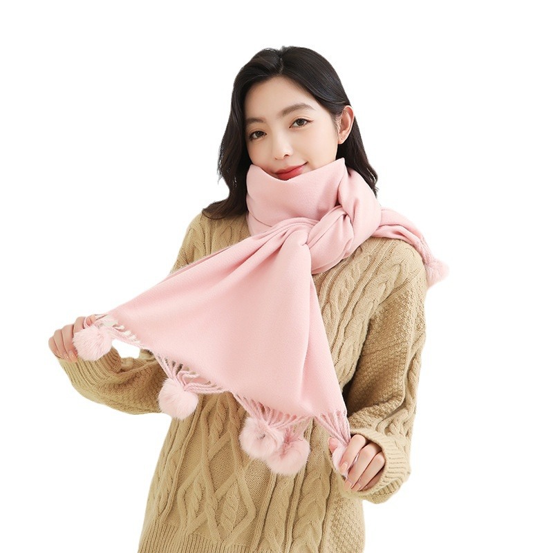 Girls Cute Imitation Cashmere Scarf Female Winter Warm Solid Color Large Rabbit Hair Ball 2024 New Scarf Shawl Wholesale Item Picture