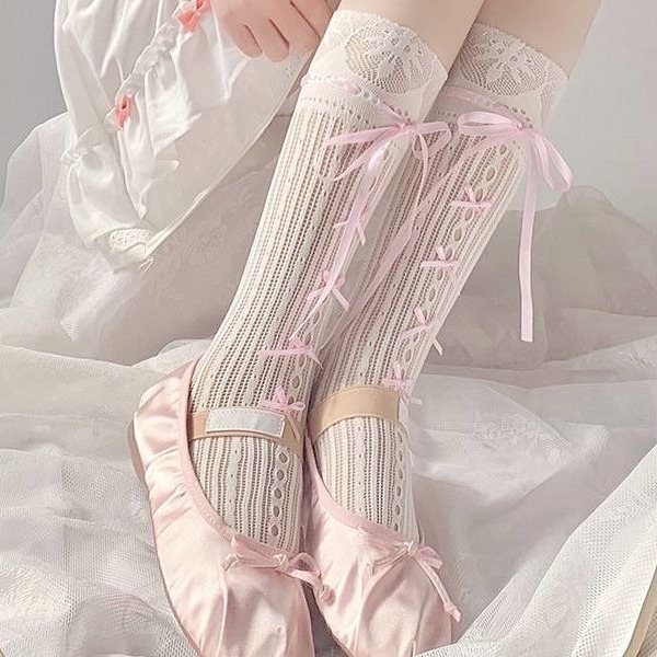 Lolita sweet tie bow mid-calf socks printed lace Japanese jk calf socks wholesale one-piece consignment details Picture