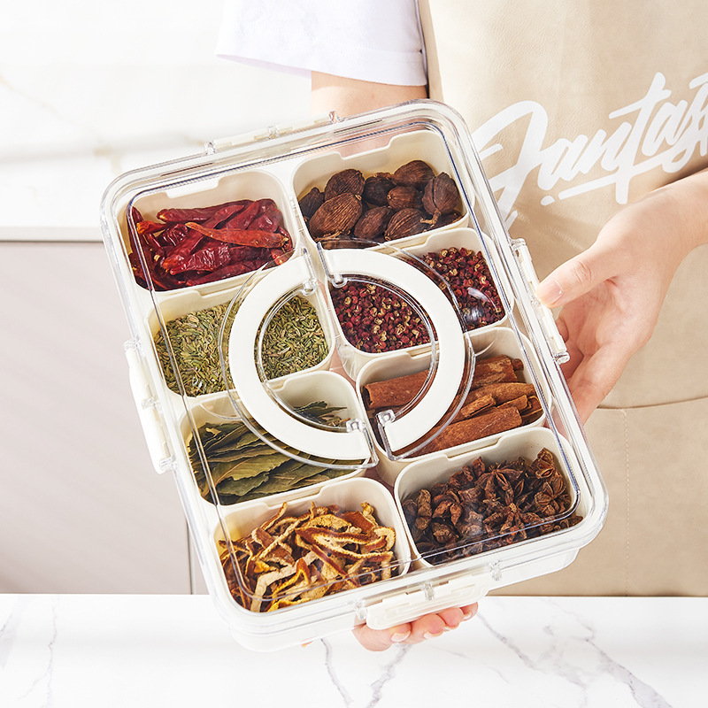 Spice Box Sealed New Fresh-Keeping Storage Box Star Anise Pepper With Portable Basket Multi-Cell Moisture-Proof Convenient Specification drawing